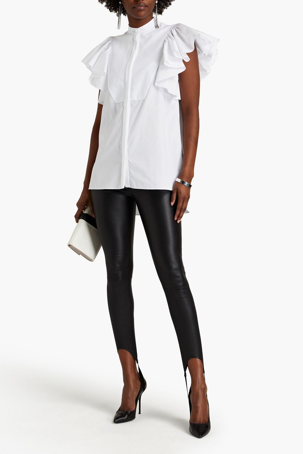 MCQUEEN Piqué-paneled ruffled cotton-poplin blouse