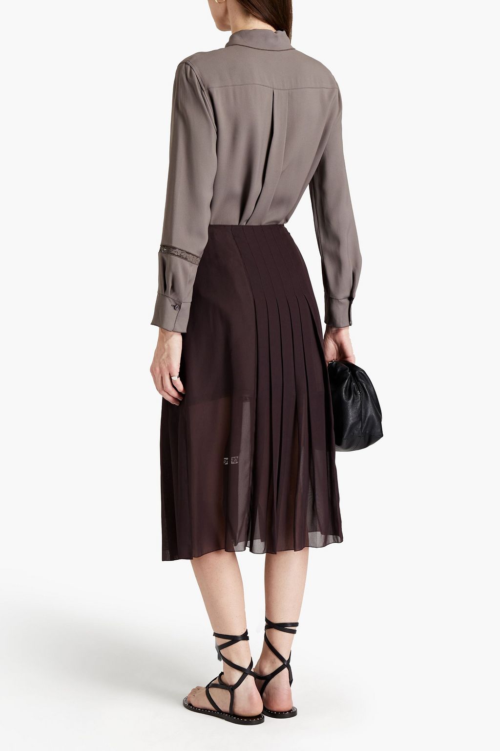 CHLOÉ Wrap-effect lace-trimmed pleated two-tone crepe skirt