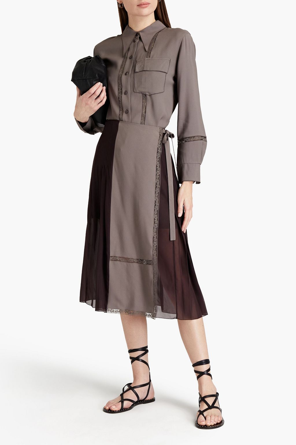 CHLOÉ Wrap-effect lace-trimmed pleated two-tone crepe skirt