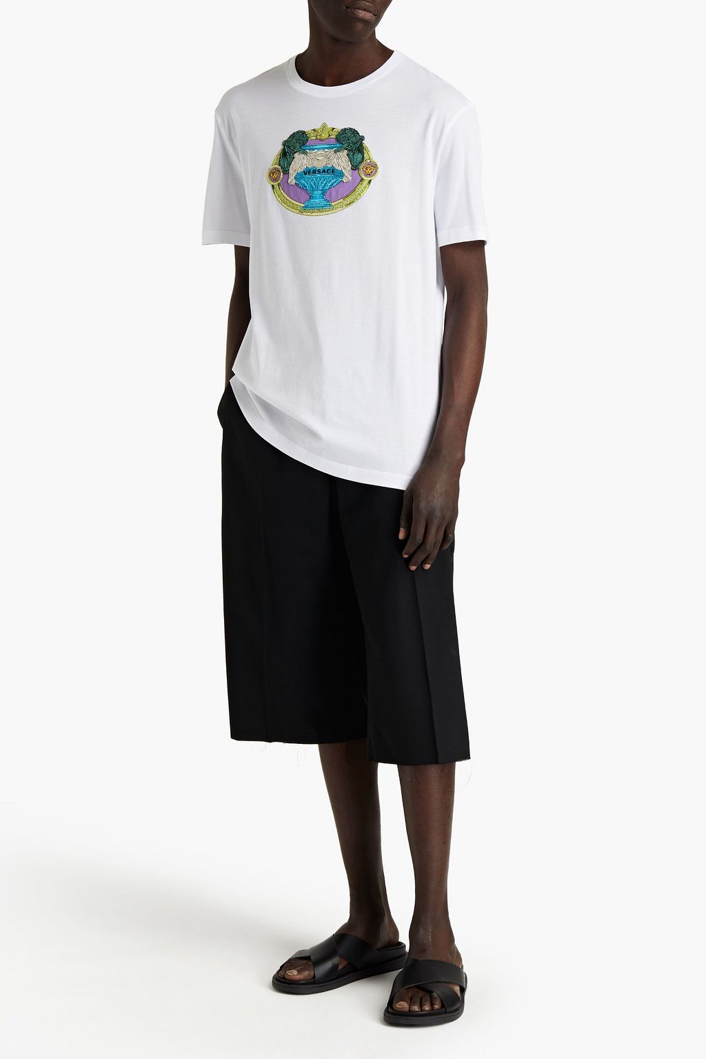VERSACE Embellished printed cotton-jersey T-shirt