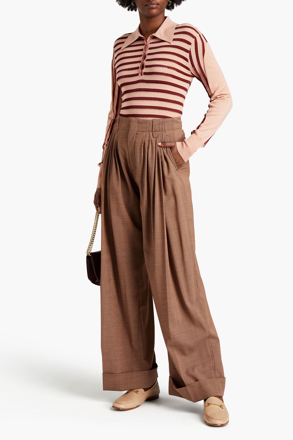 CHLOÉ Pleated houndstooth wool wide-leg pants