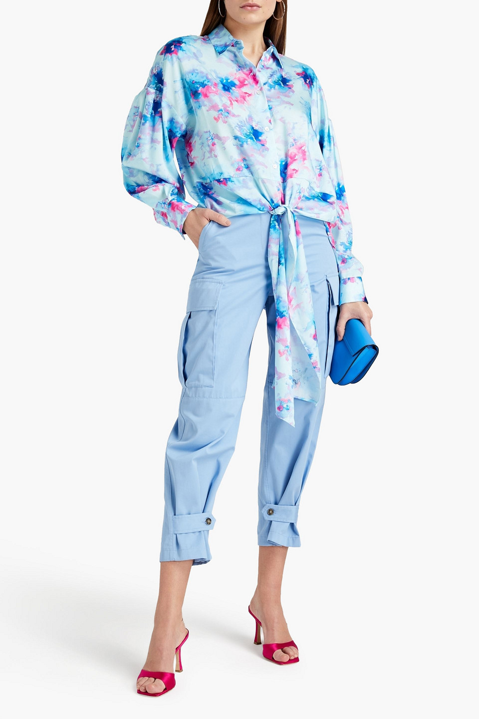 Msgm Knotted Printed Satin-twill Shirt In Multi