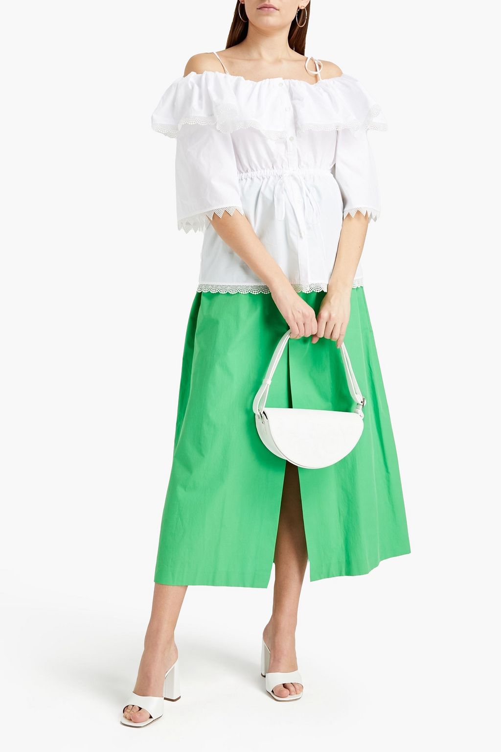 MSGM Cold-shoulder ruffled cotton-poplin top