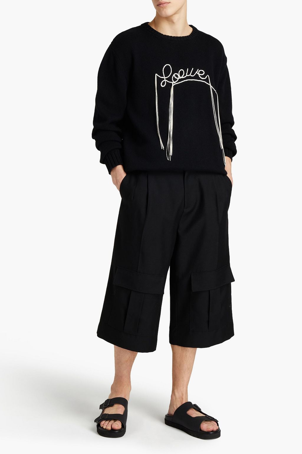 LOEWE Pullover aus Baumwolle mit Lederbesatz, Fransen und Stickereien