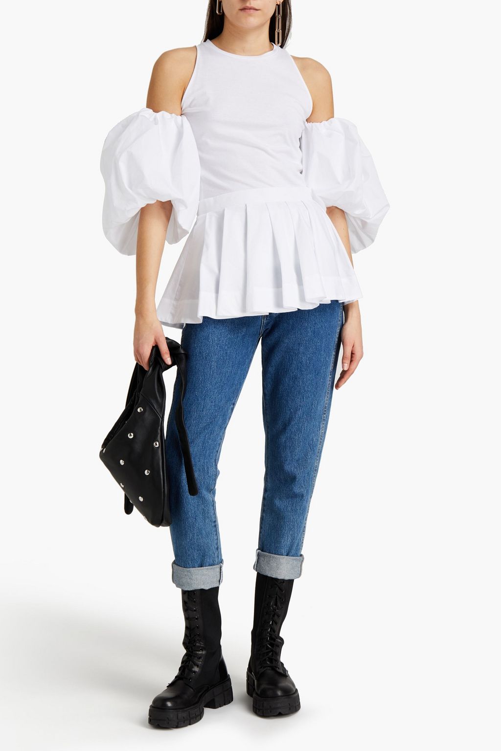 MCQUEEN Cold-shoulder layered cotton-jersey and poplin top