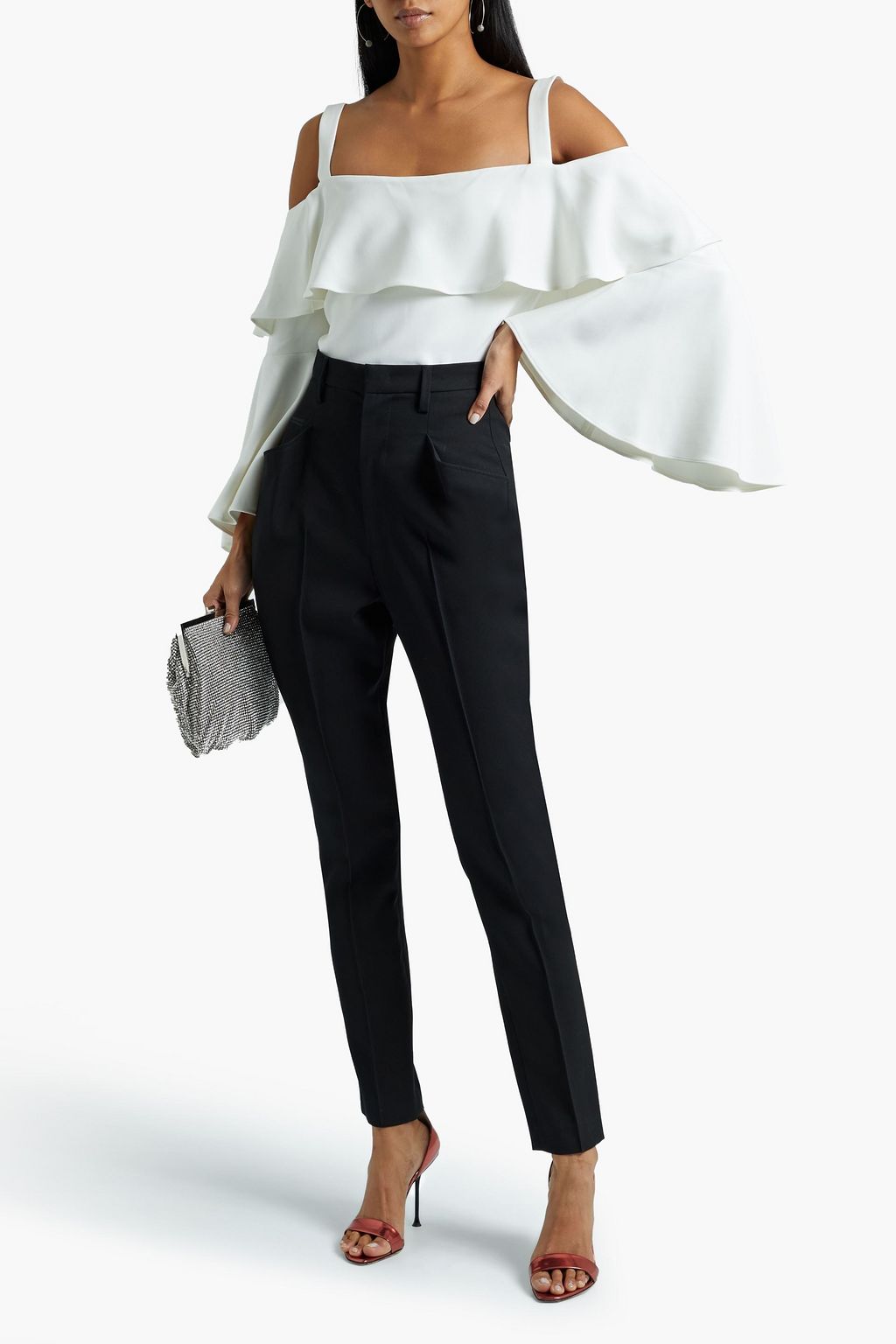 ELIE SAAB Cold-shoulder ruffled crepe top