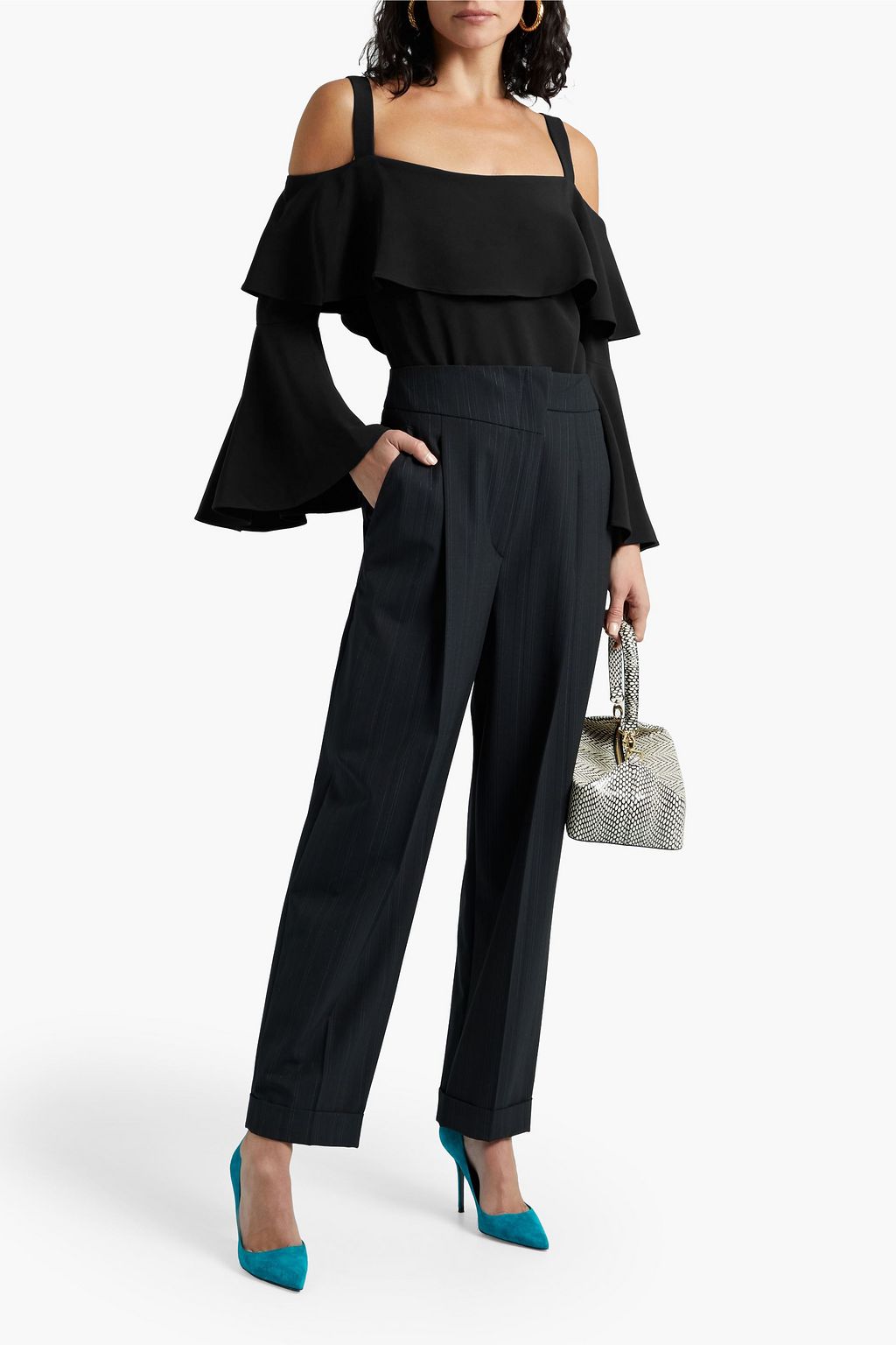ELIE SAAB Cold-shoulder ruffled crepe top