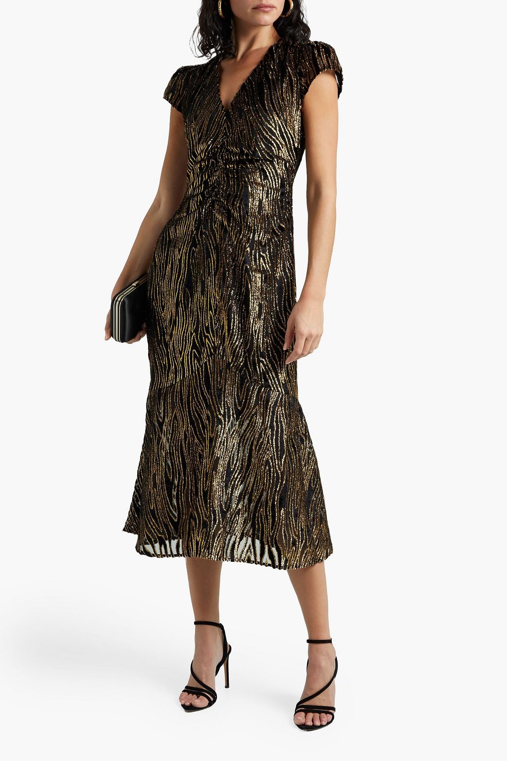 RACHEL ZOE Goldie ruched metallic devoré-velvet midi dress