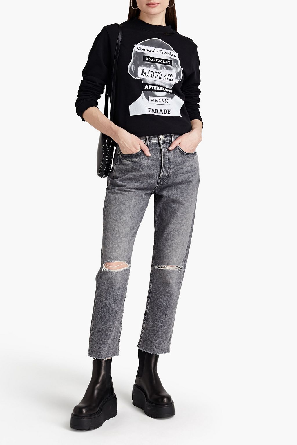 RAF SIMONS Destroyed cutout appliquéd printed French cotton-terry sweatshirt
