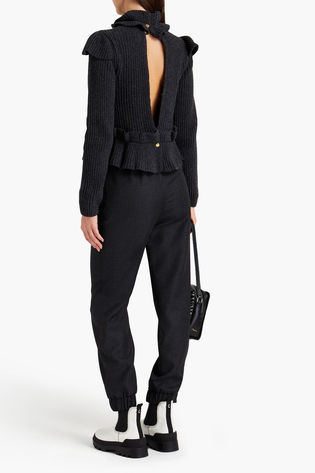 GANNI Cutout ruffled ribbed wool-blend sweater