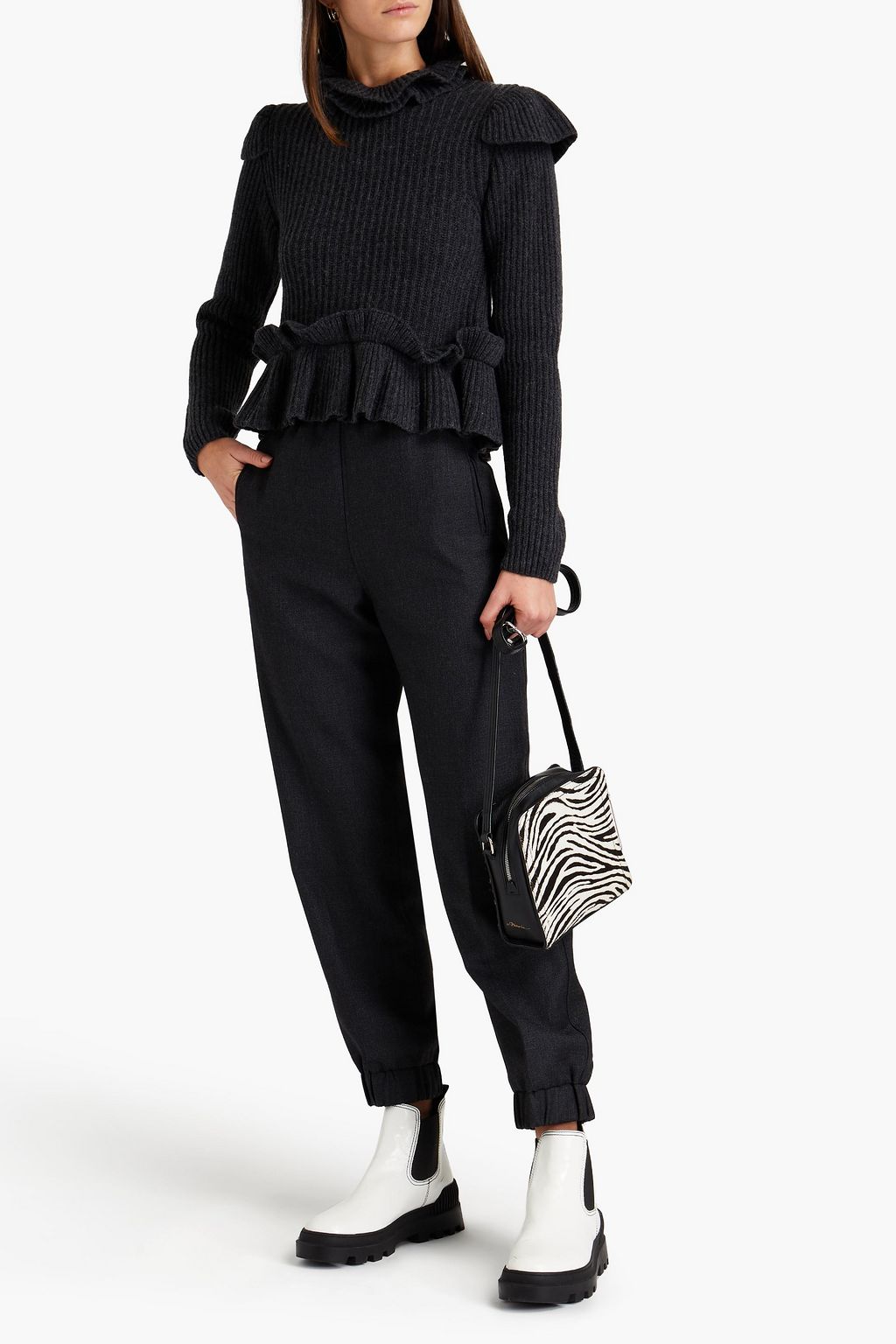 GANNI Cutout ruffled ribbed wool-blend sweater
