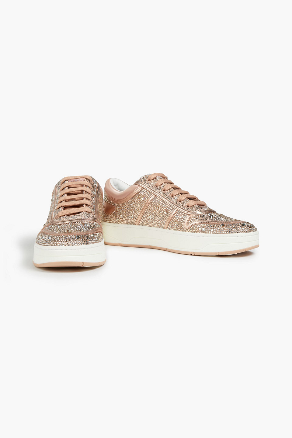 Jimmy Choo Hawaii Crystal-embellished Leather-trimmed Satin Trainers In Rose Gold
