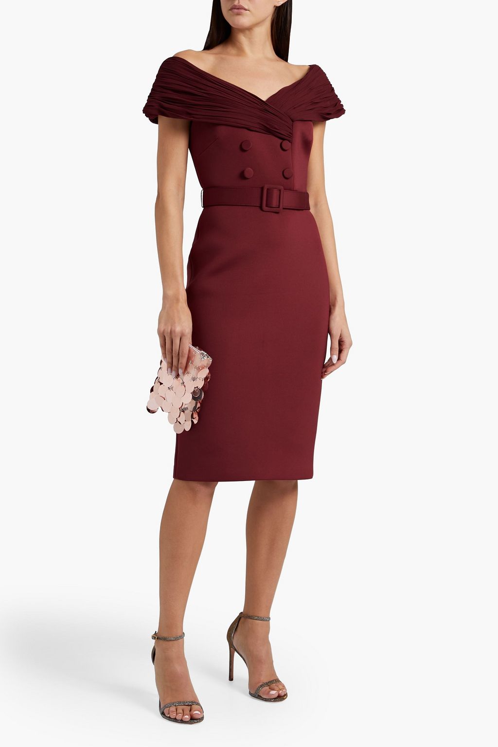 BADGLEY MISCHKA Off-the-shoulder belted ponte dress