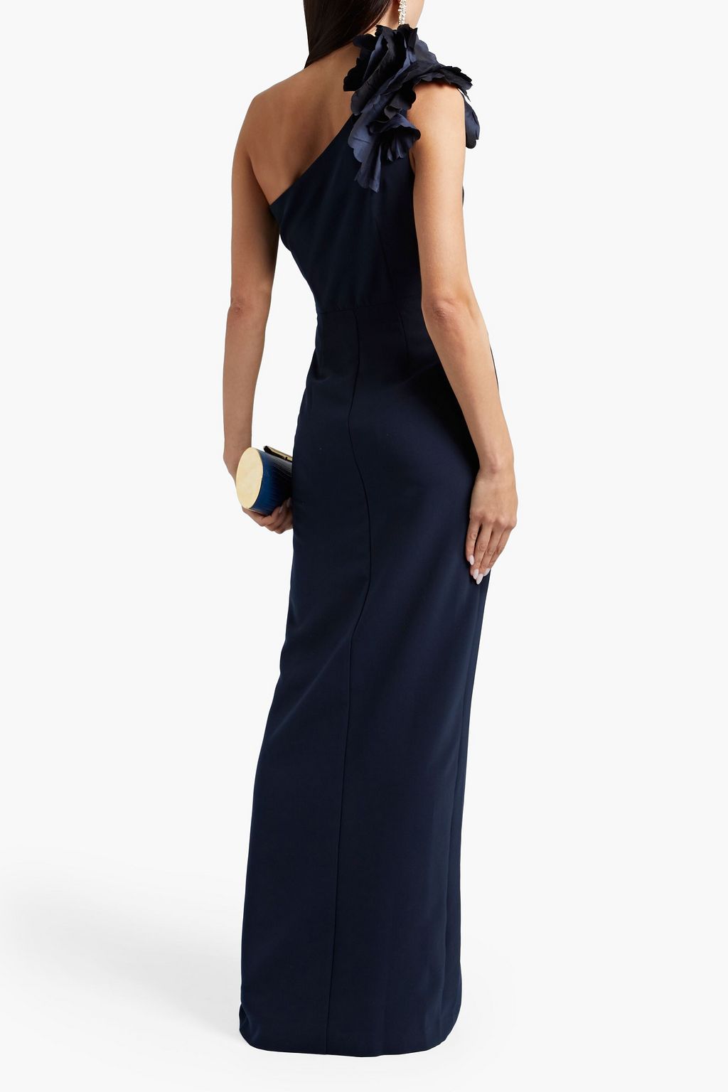 MARCHESA NOTTE One-shoulder floral-appliquéd crepe gown