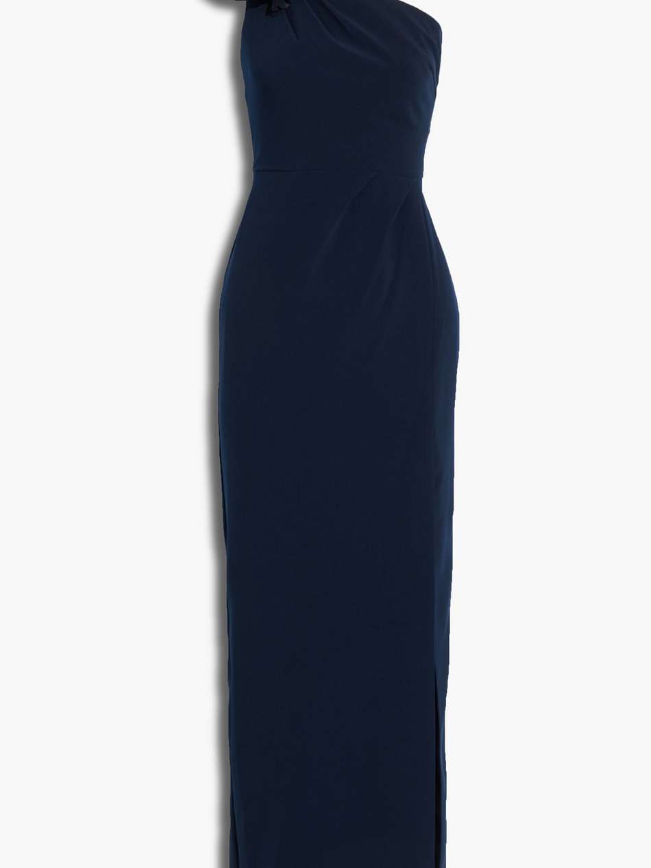 one-shoulder floral-appliquéd crepe gown