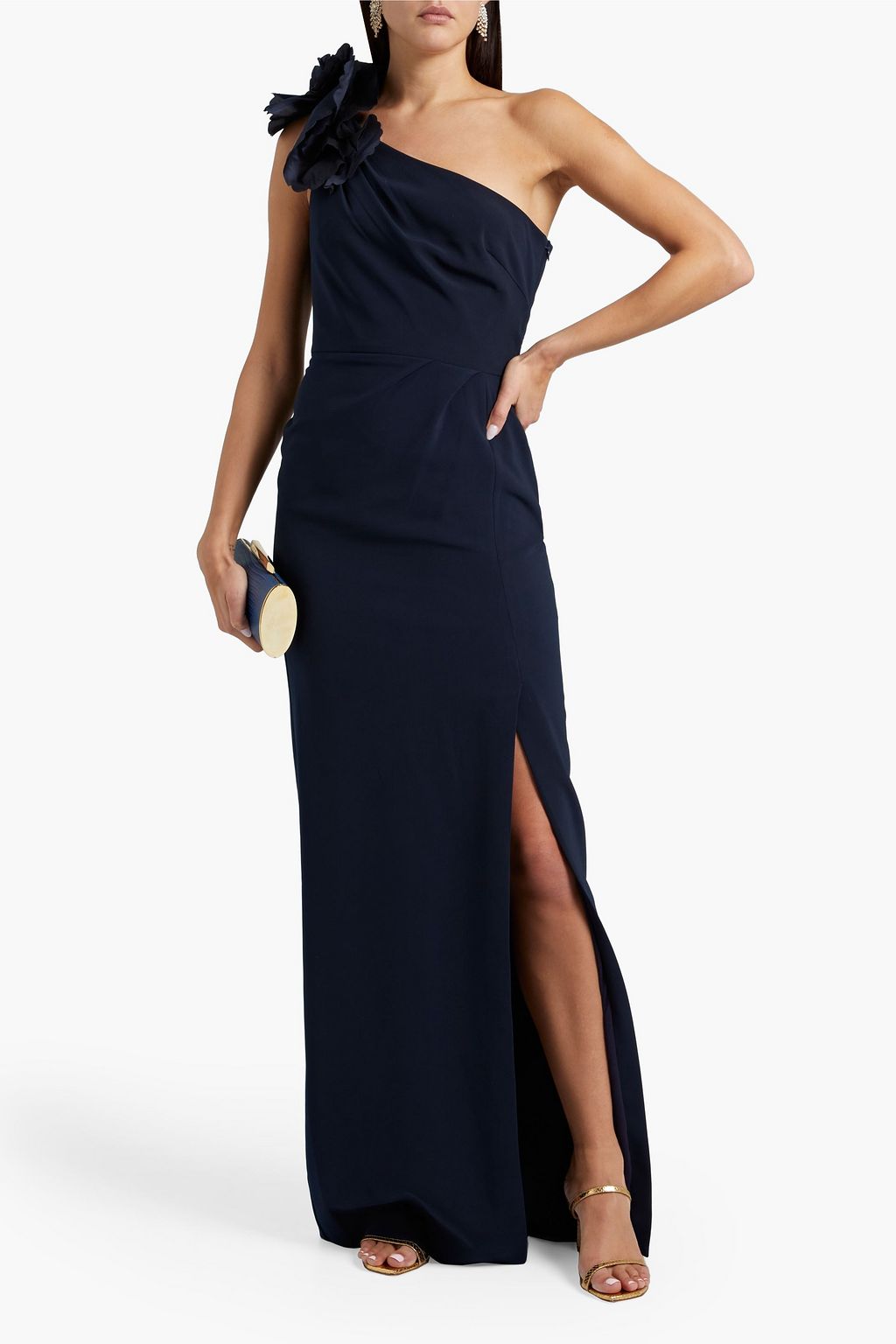 MARCHESA NOTTE One-shoulder floral-appliquéd crepe gown