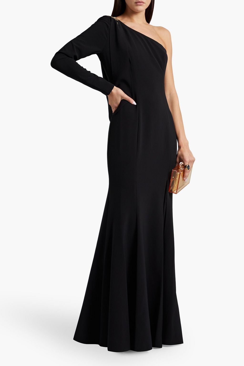MARCHESA NOTTE Drapierte Robe aus Crêpe mit Verzierung und asymmetrischer Schulterpartie