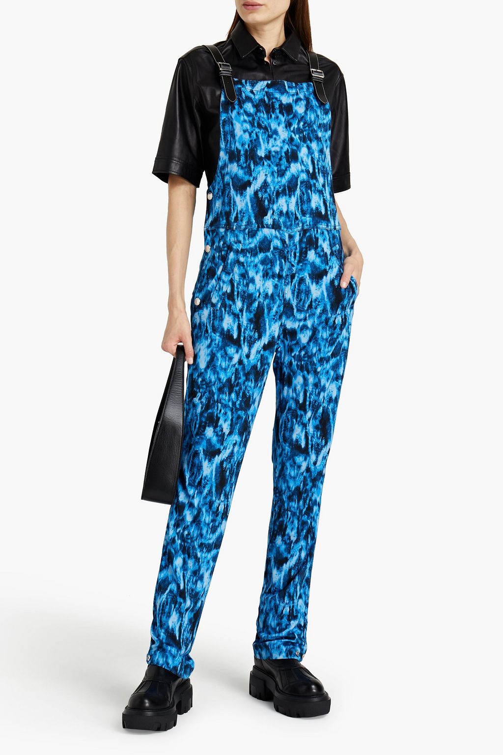 BURBERRY Leather-trimmed printed jersey jumpsuit