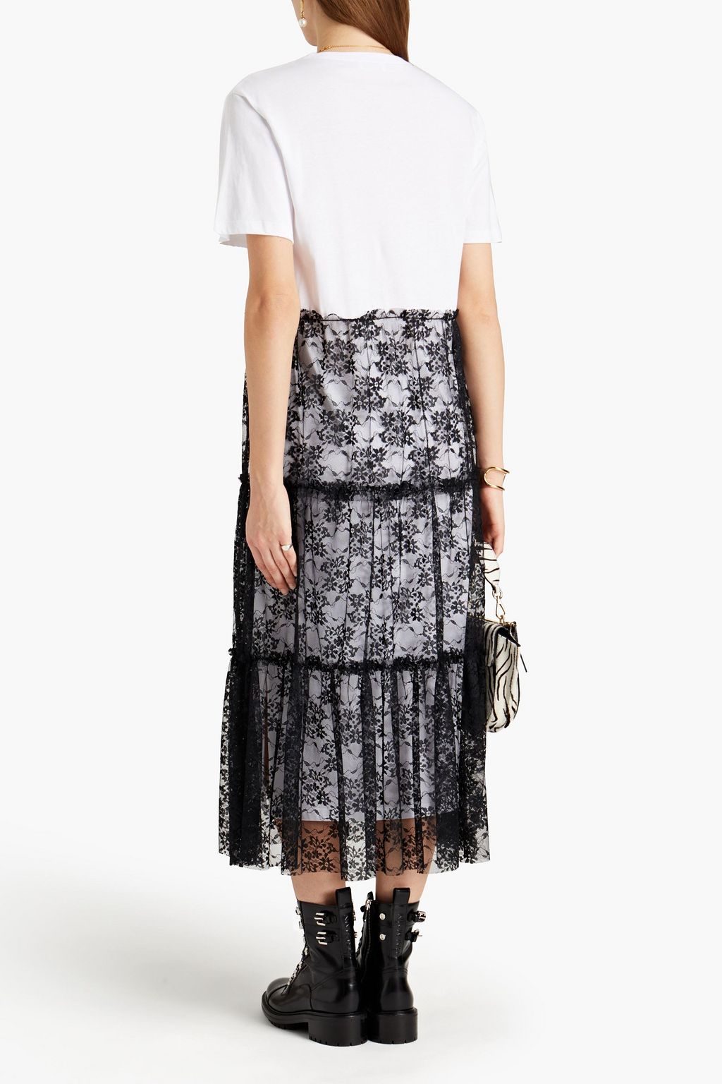 REDVALENTINO Lace-paneled tiered cotton-jersey midi dress