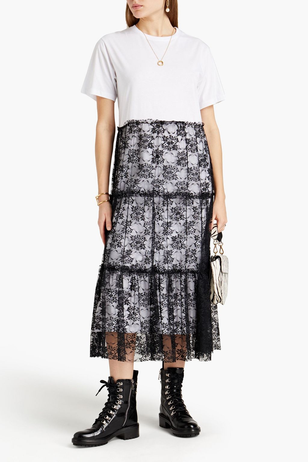 REDVALENTINO Lace-paneled tiered cotton-jersey midi dress