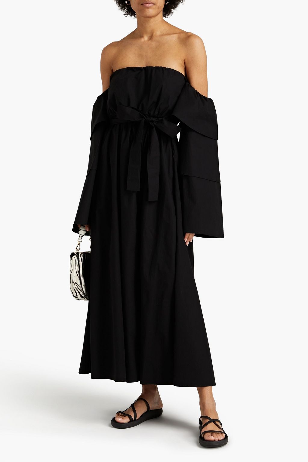 REDVALENTINO Off-the-shoulder gathered stretch-cotton poplin midi dress