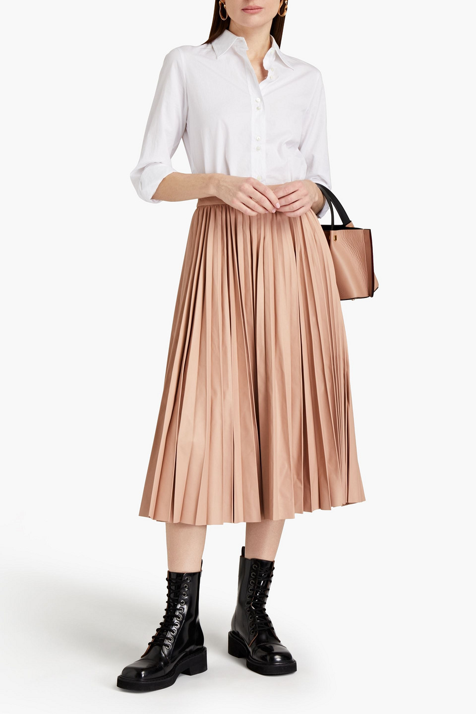 Red Valentino Pleated Leather Midi Skirt In Neutrals