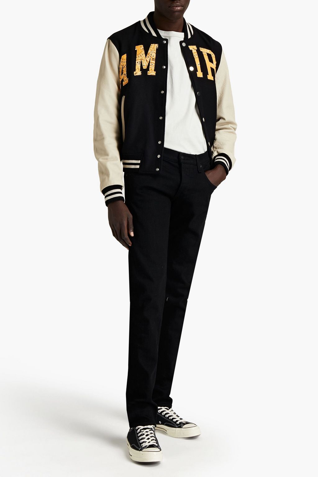 AMIRI Leather-paneled appliquéd twill bomber jacket