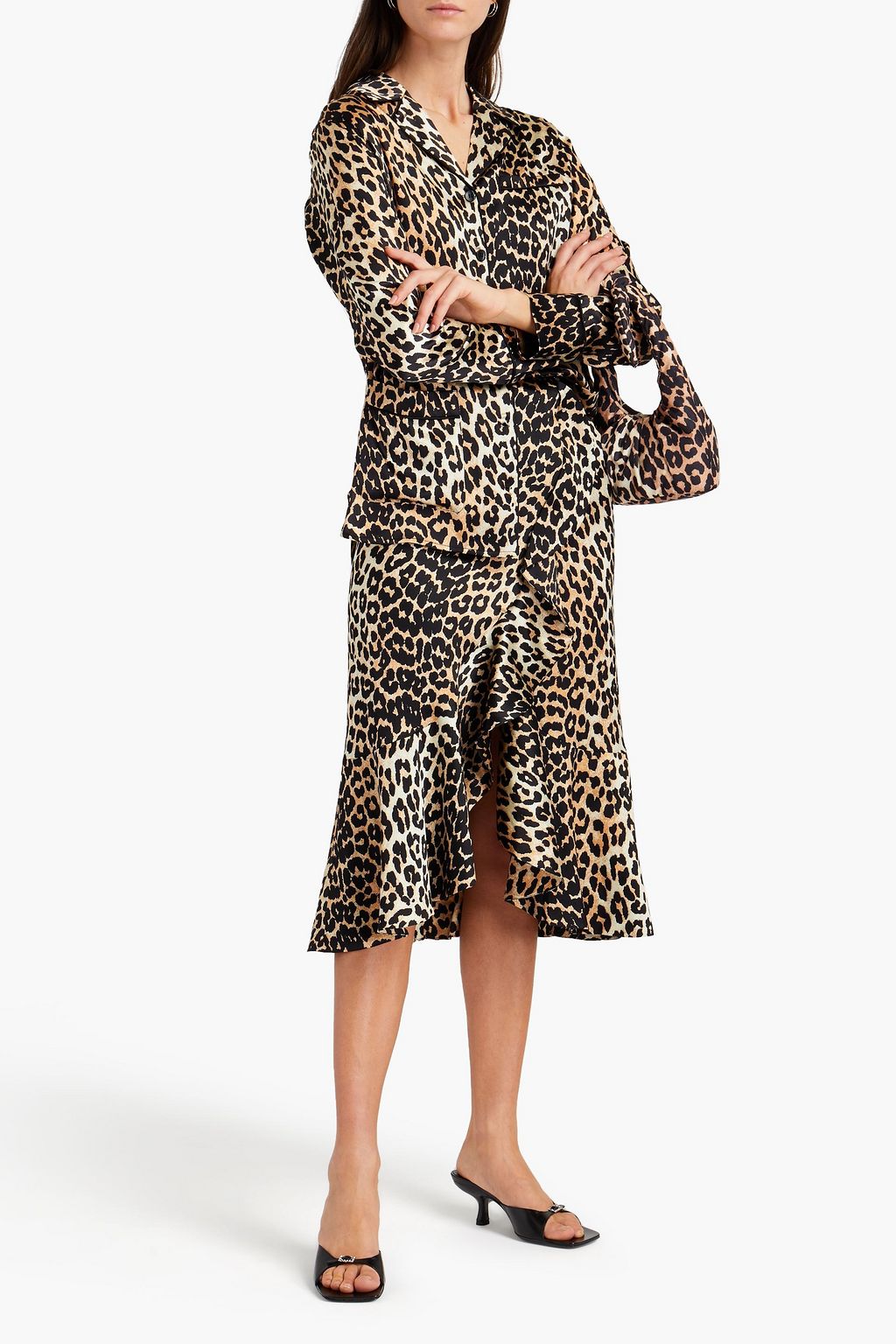 GANNI Leopard-print stretch-silk satin midi skirt