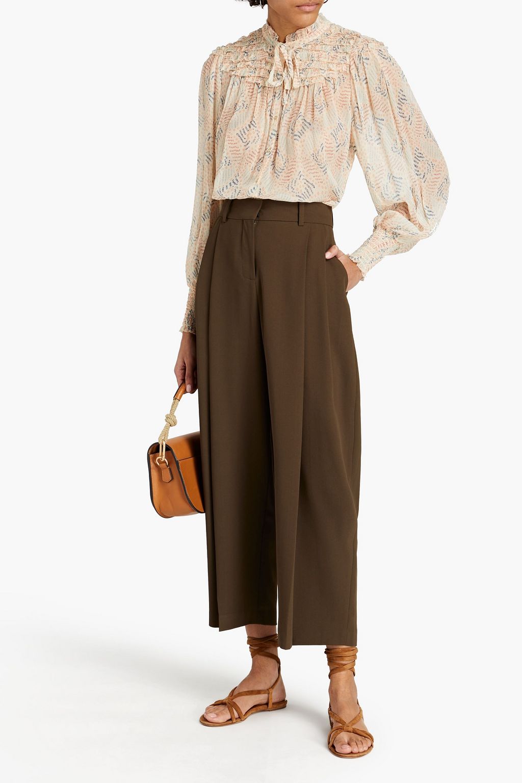 ULLA JOHNSON Eloise pussy-bow ruffled printed silk-crepon blouse
