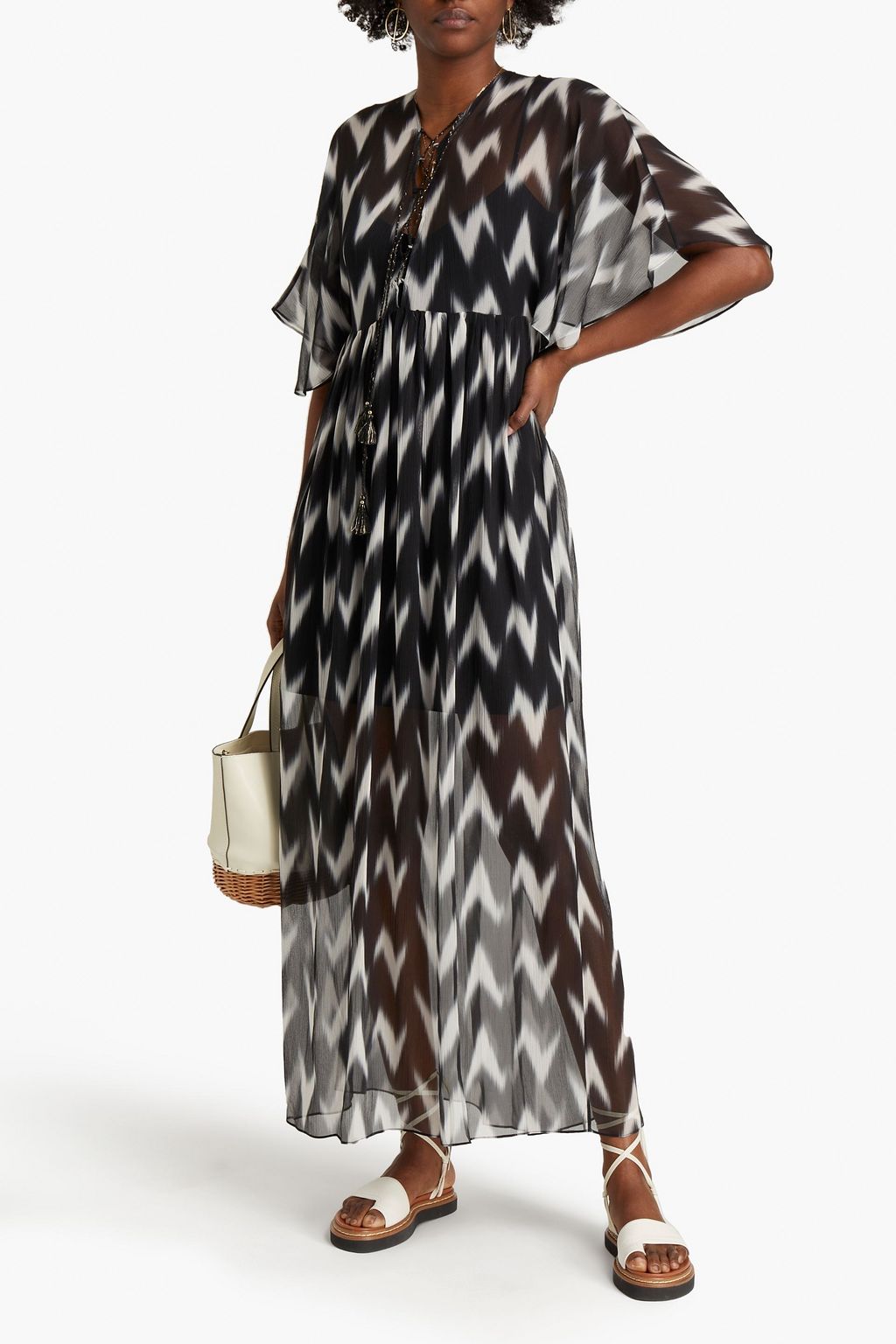 RACHEL ZOE Tasseled gathered printed silk-crepon kaftan