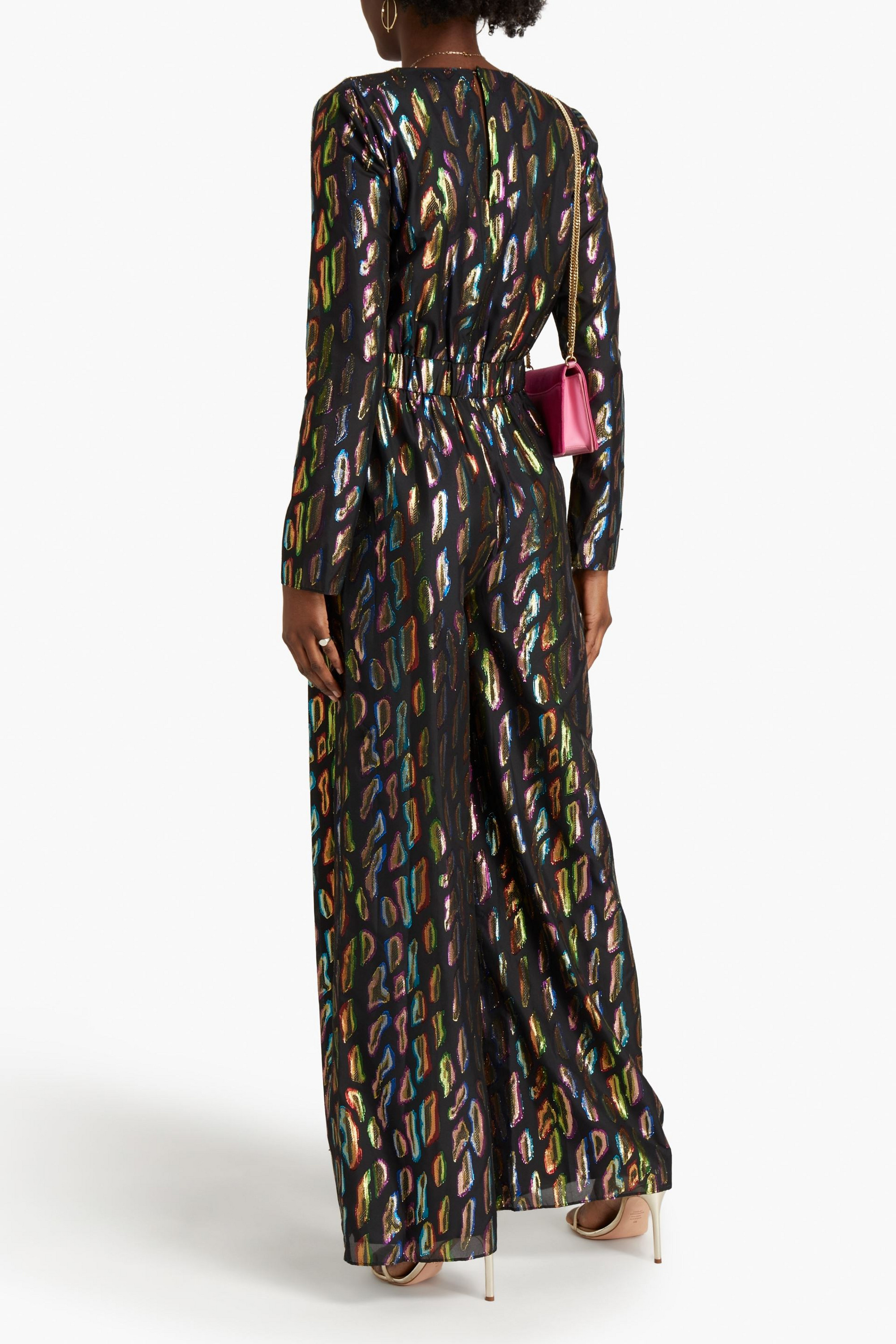 RACHEL ZOE Wrap-effect bow-detailed metallic fil coupé voile jumpsuit