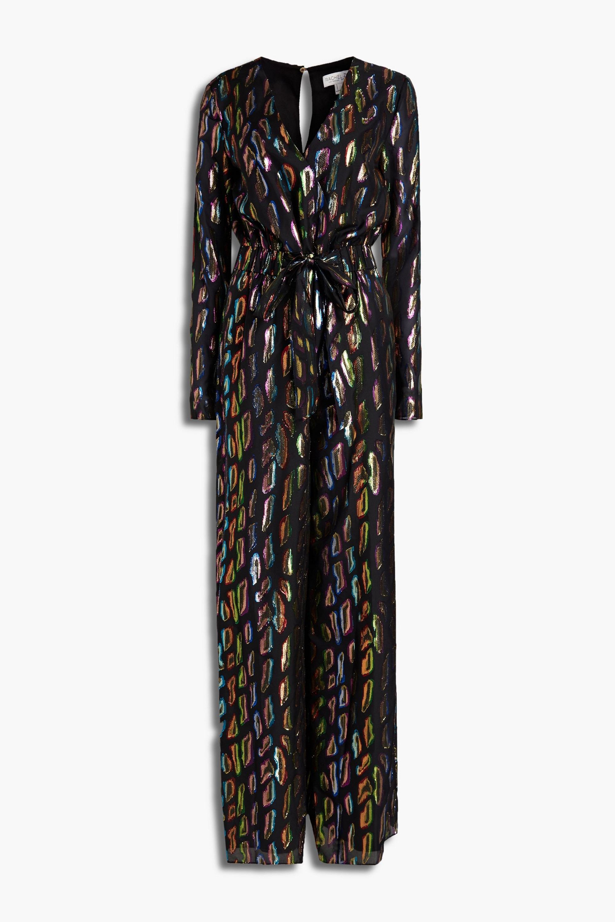RACHEL ZOE Wrap-effect bow-detailed metallic fil coupé voile jumpsuit
