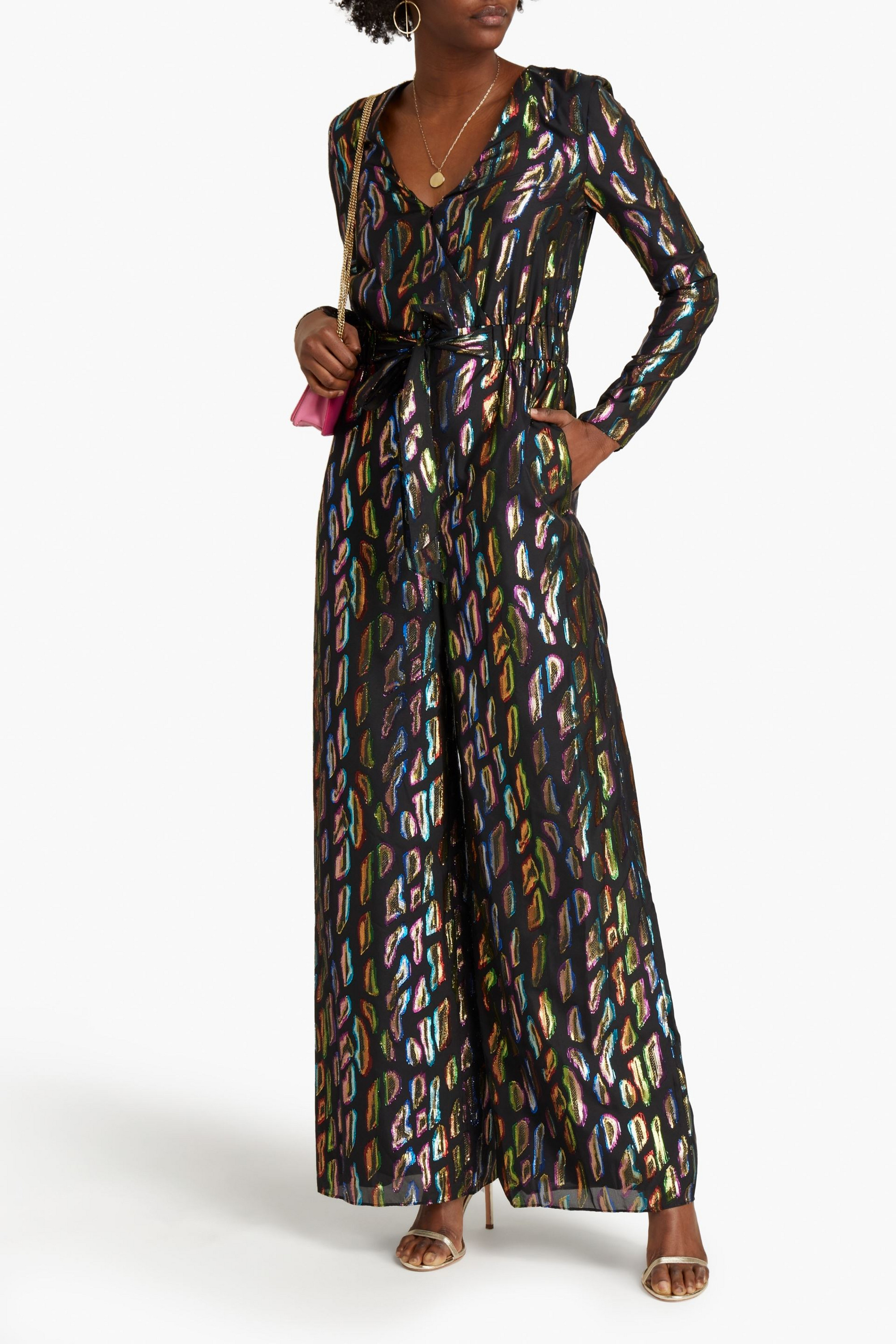 RACHEL ZOE Wrap-effect bow-detailed metallic fil coupé voile jumpsuit