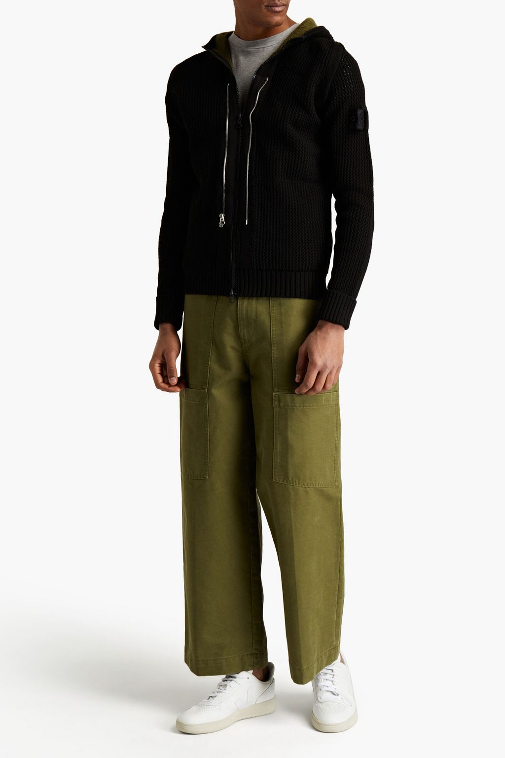 STONE ISLAND Appliquéd knitted hooded cardigan