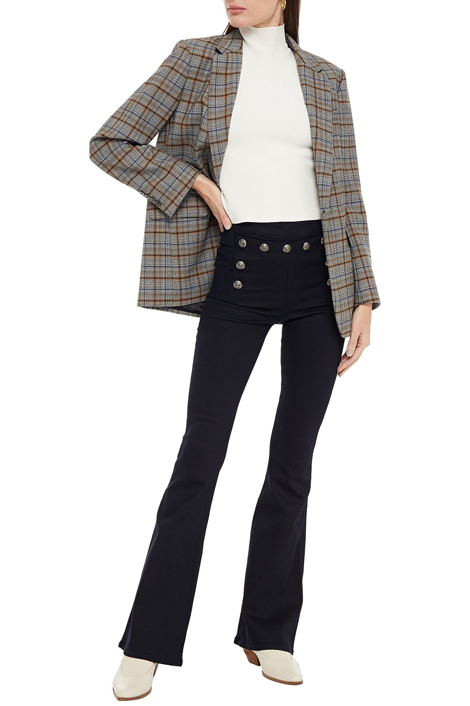 Veronica Beard Button-embellished High-rise Flared Jeans In Black