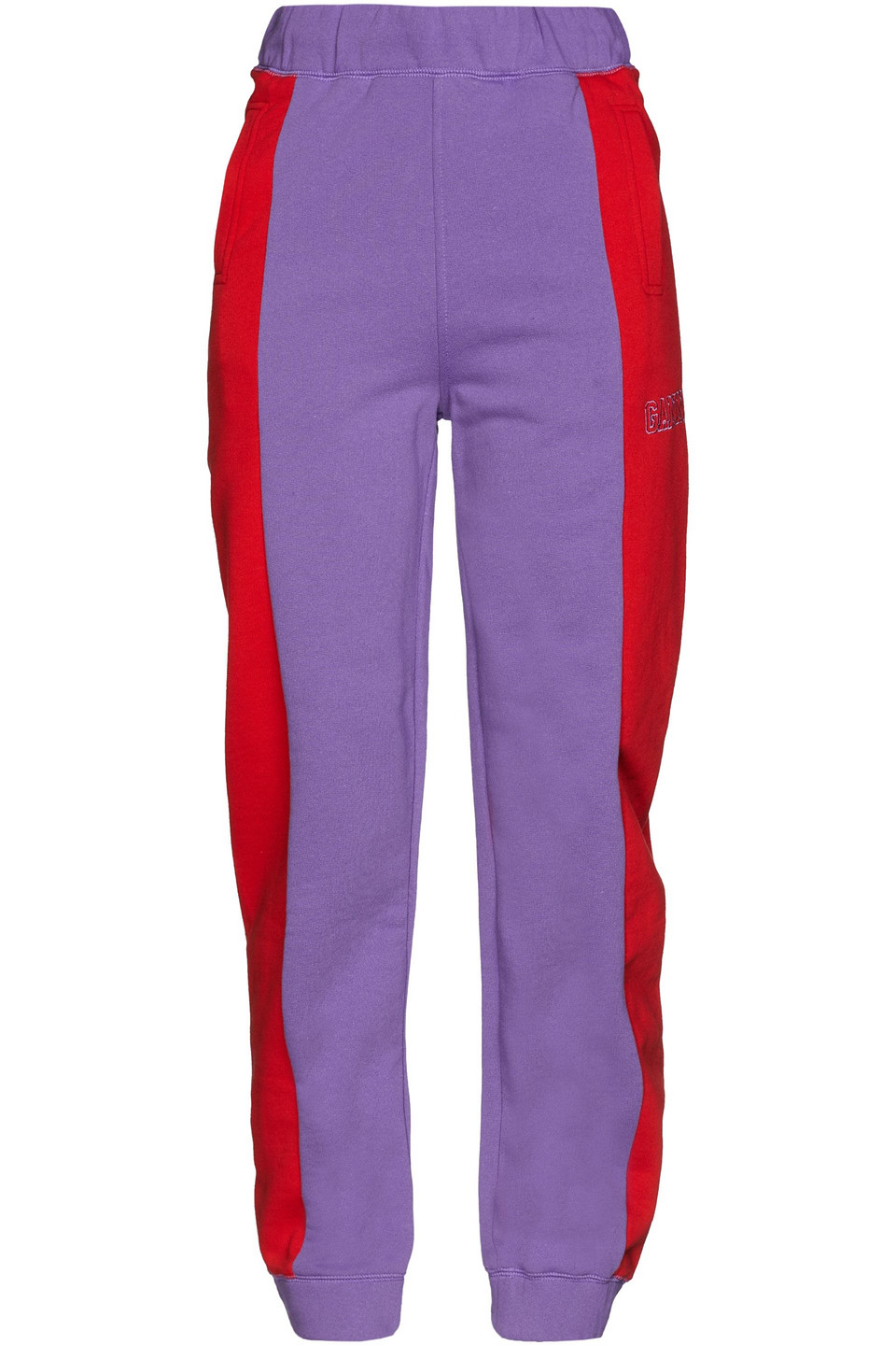 ganni - two-tone french cotton-blend terry track pants - purple - s