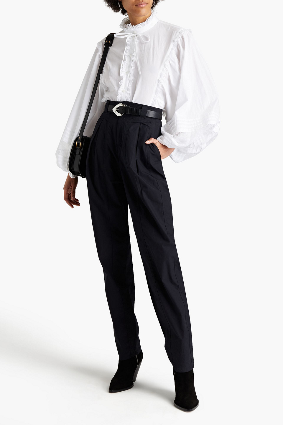 Shop Isabel Marant Kilandy Pleated Cotton-canvas Tapered Pants In Schwarz