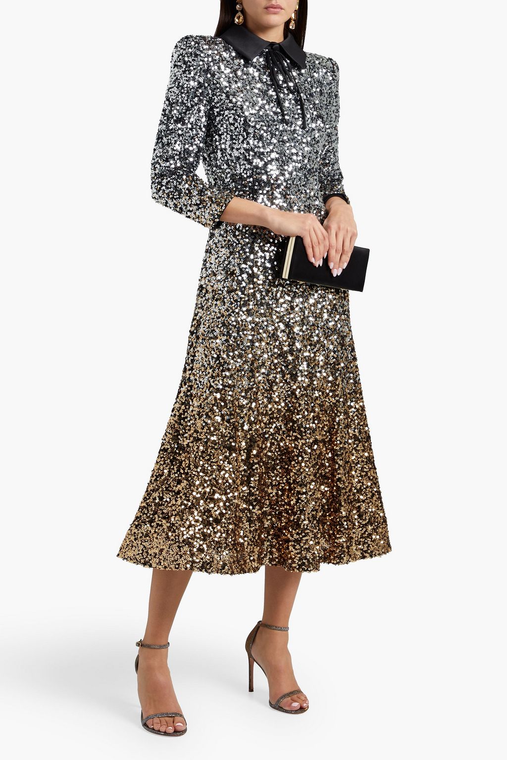 BADGLEY MISCHKA Bow-embellished sequined tulle midi dress