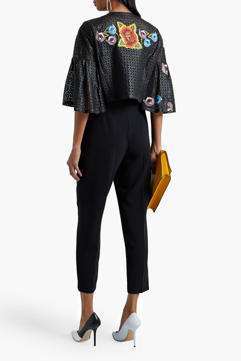 CAROLINA HERRERA Cropped floral-appliqued laser-cut leather jacket