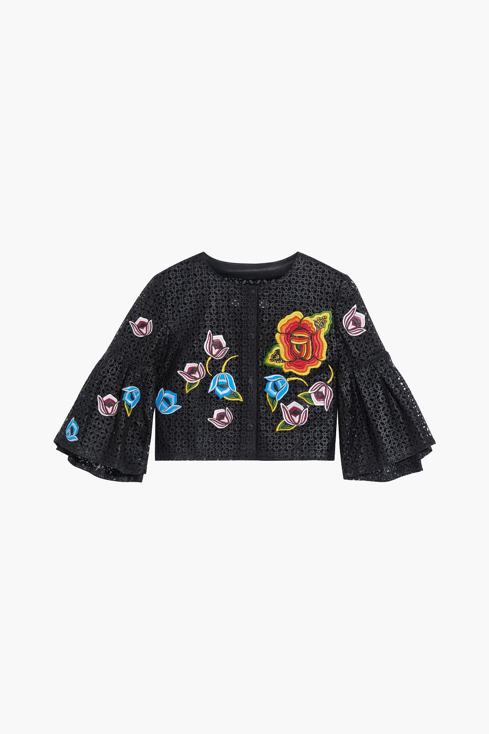 Cropped floral-appliqued laser-cut leather jacket