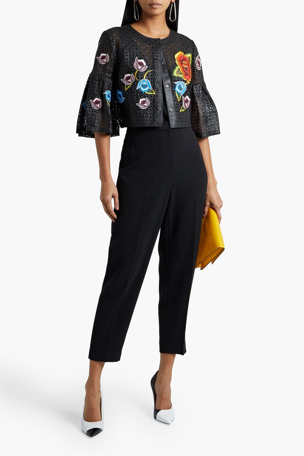 CAROLINA HERRERA Cropped floral-appliqued laser-cut leather jacket