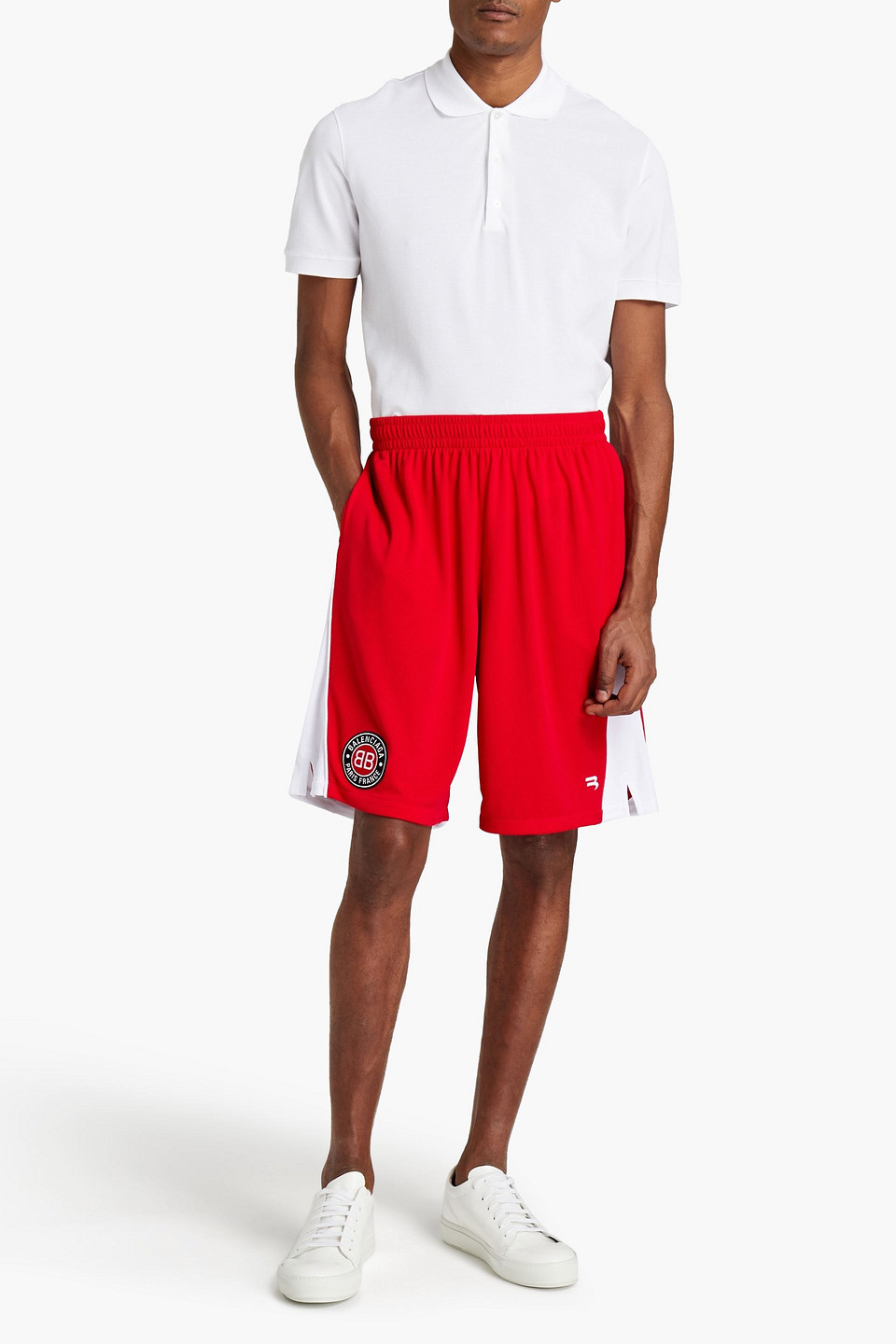 Balenciaga Man Logo-appliquéd Two-tone Mesh Drawstring Shorts In Red