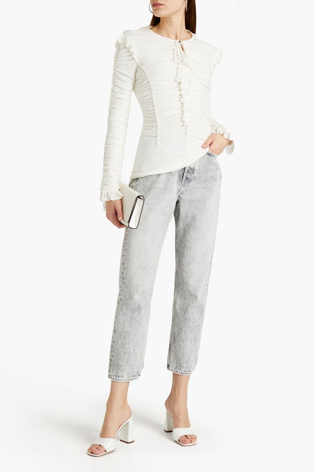 ROBERTO CAVALLI Ruffle-trimmed ruched jersey top