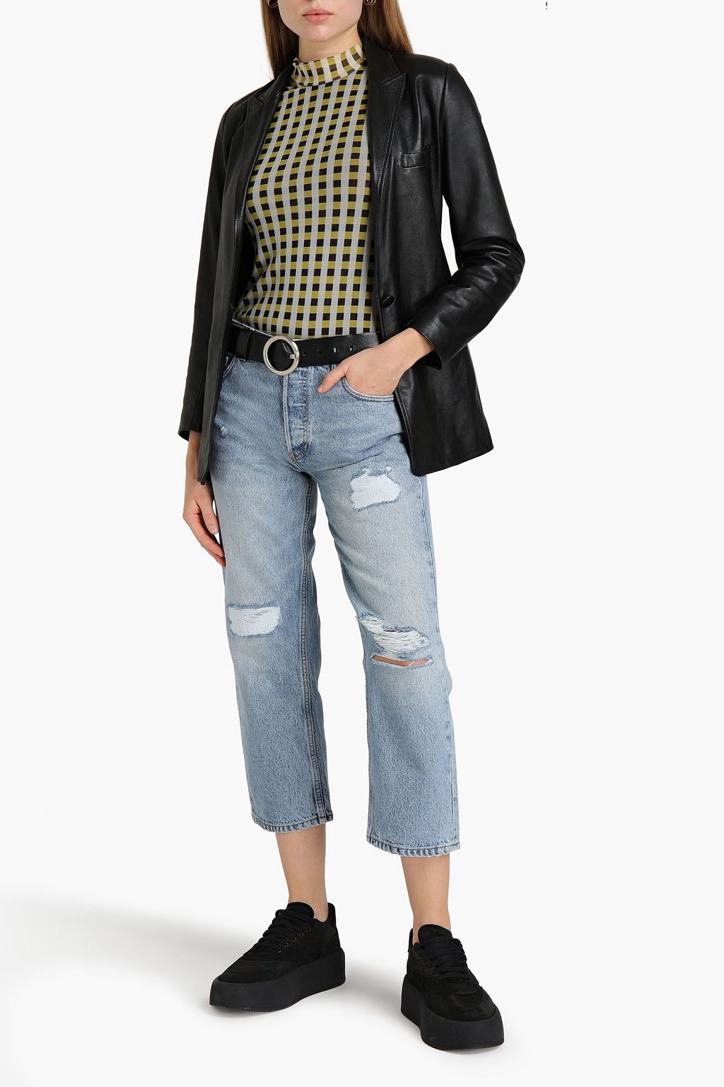 GANNI Cropped distressed mid-rise straight-leg jeans
