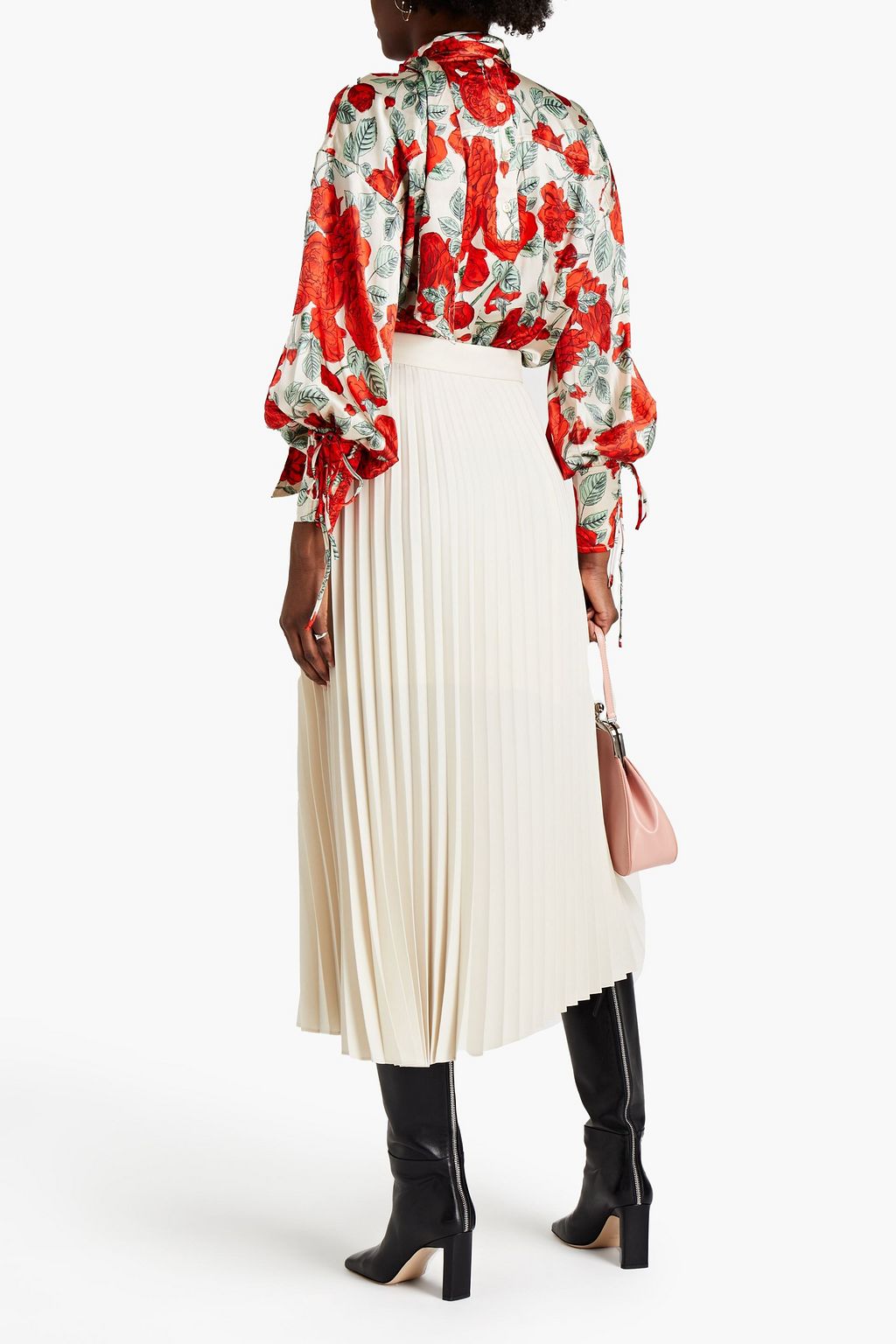 GANNI Tie-neck floral-print stretch-silk satin blouse