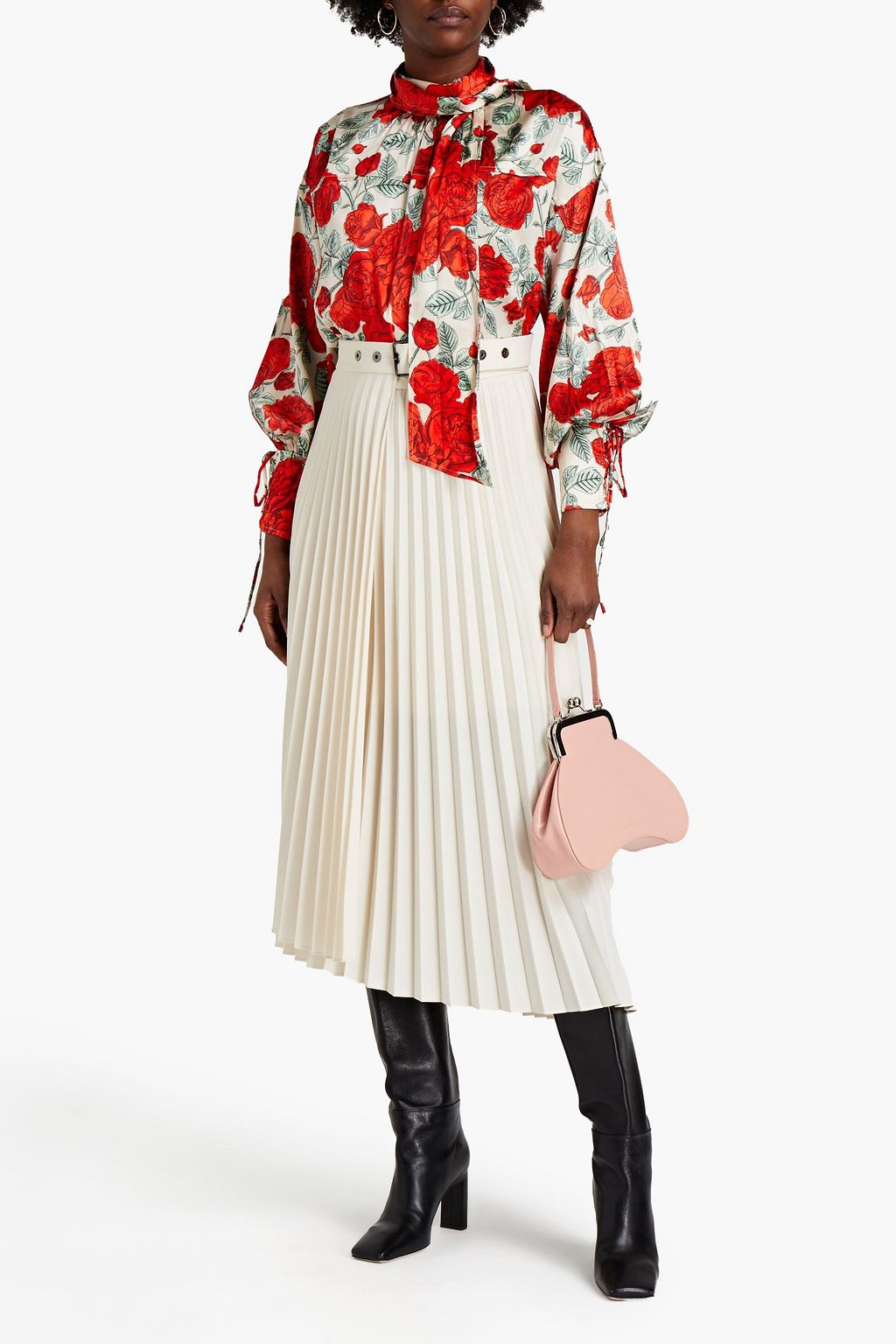 GANNI Tie-neck floral-print stretch-silk satin blouse