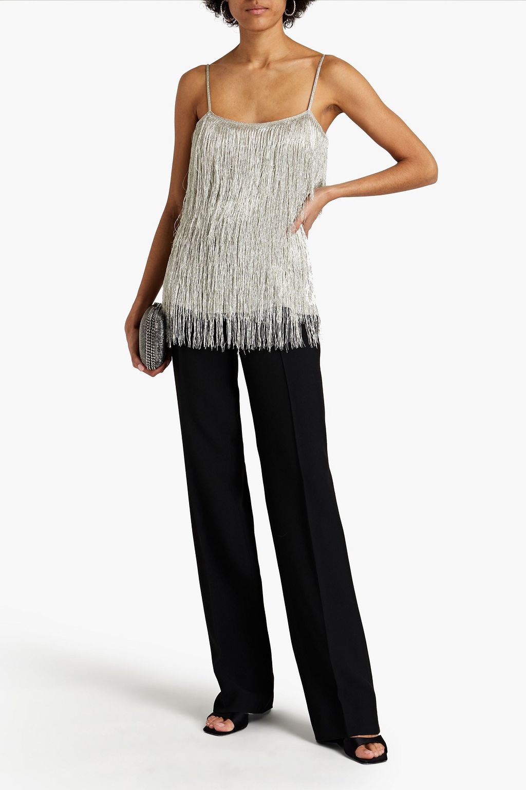 RACHEL ZOE Fringed metallic knitted top
