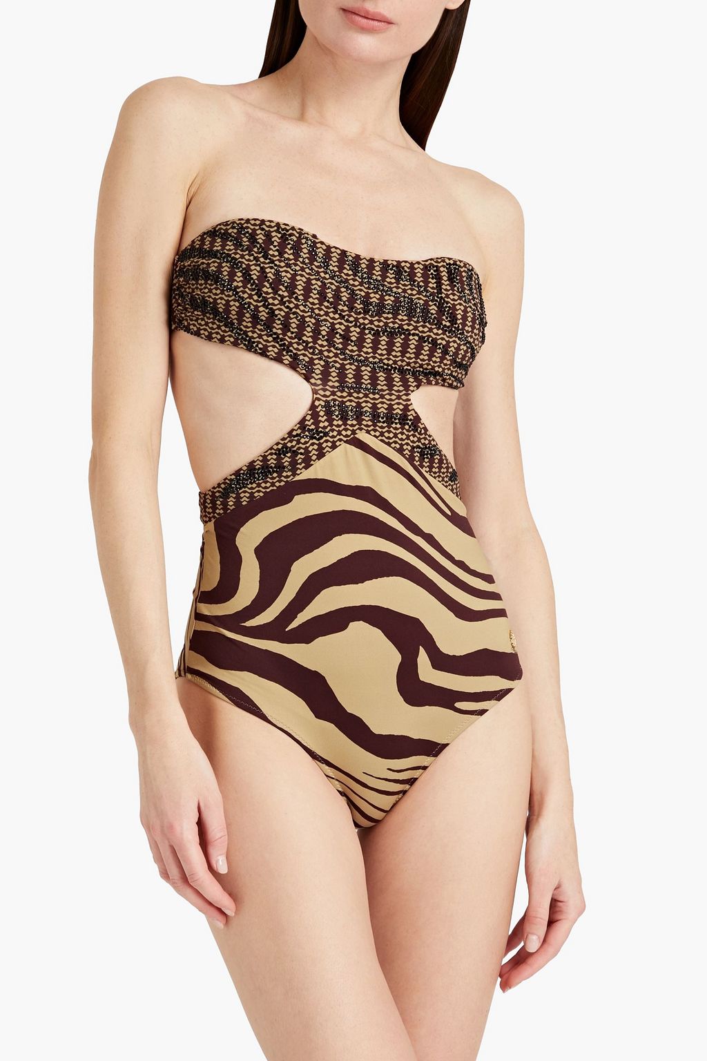 ROBERTO CAVALLI Cutout embellished printed bandeau swimsuit