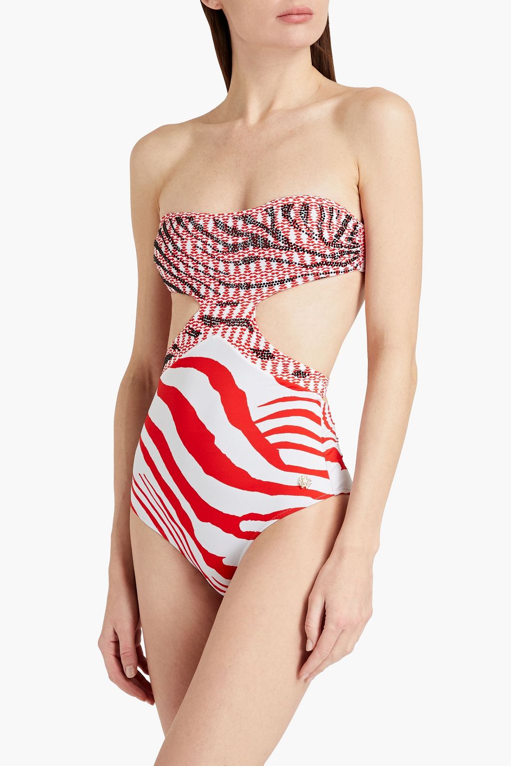 ROBERTO CAVALLI Cutout embellished printed bandeau swimsuit