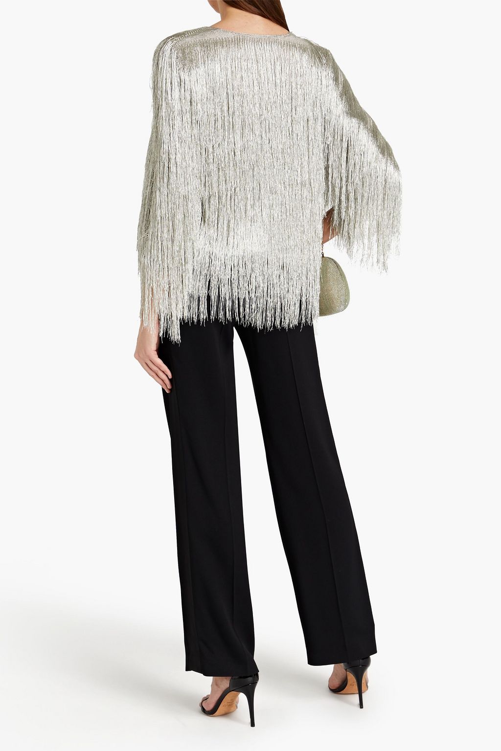 RACHEL ZOE Fringed cropped metallic knitted jacket